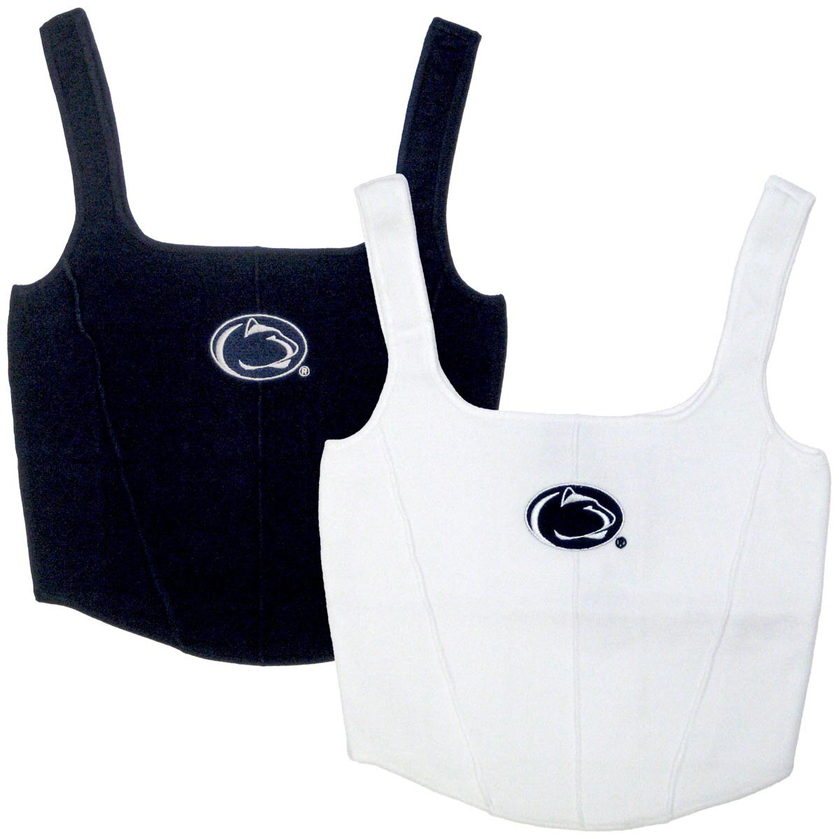 women's navy and white knit corset tops with stitched Penn State Athletic Logos